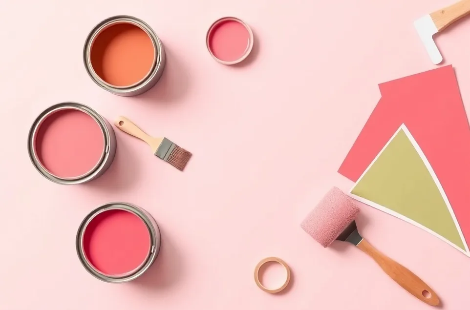 Pots de peinture, nuancier, brosses et rouleaux disposés à plat