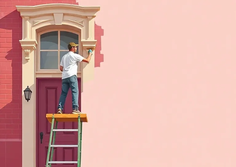 Peintre sur échafaudage traitant la façade d'une maison