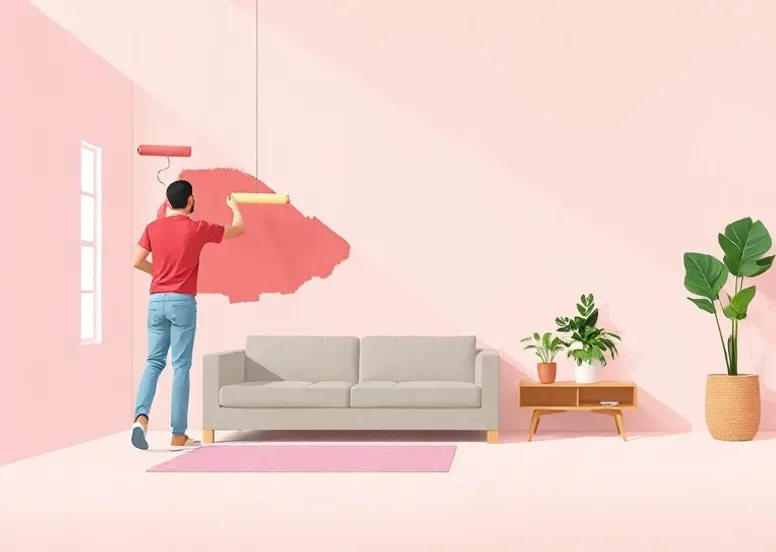 Peintre appliquant la peinture au rouleau sur un mur de salon